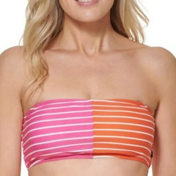 Tommy Hilfiger Sail Away Striped Bandeau Bikini Top Pink Orange M - Picture 1 of 11